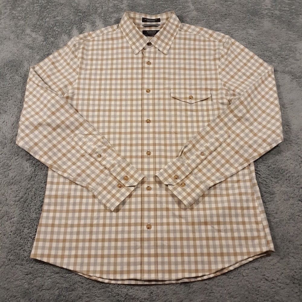 Nordstrom Button Up Shirt Mens Size Large Trim Fit Beige Brown‎ Check Mint